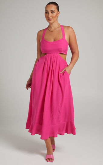 Leontine Midi Dress with Tie Up Back in Hot Pink