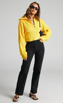 Anjeanette Puff Sleeve Quarter Zip Sweater in Yellow