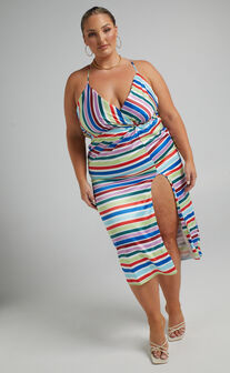 Fhel Midi Dress - Strappy Twist Front Dress in Multi Stripe Satin