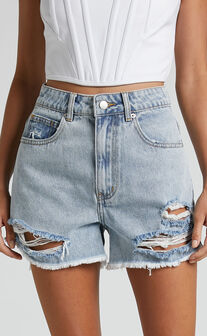 Mindae Shorts - Recycled Cotton Ripped Denim Shorts in Mid Blue Wash