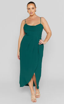 Andrina Midaxi Dress -  High Low Wrap Corset Dress in Forest Green