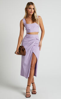 Gibson Two Piece Set - Crop Top and Knot Front Midi Skirt Set in Lilac
