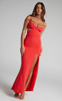 Joslyn Strappy Side Split Maxi Dress in Red