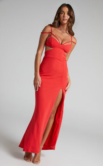Joslyn Strappy Side Split Maxi Dress in Red