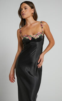 Harmony Midaxi Dress - Floral Detail Cup Bust Satin Dress in Black