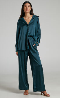 Trianna Oversized Shirt and Wide Leg Pant Satin Two Piece Set in Forest Green
