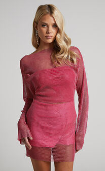 Mariena Mini Dress - Long Sleeve Mesh Diamante Dress in Pink