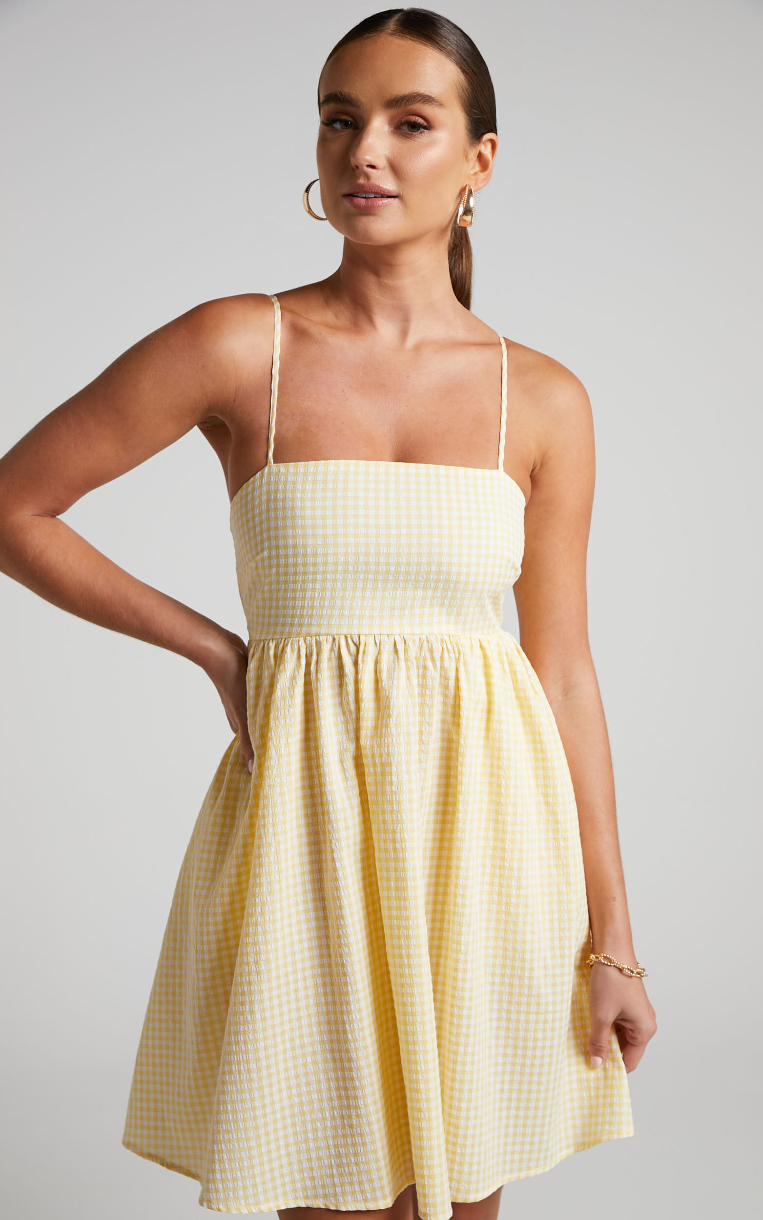 Augusta Mini Dress - Shirred Back Babydoll Dress in Butter Yellow - 04, YEL1