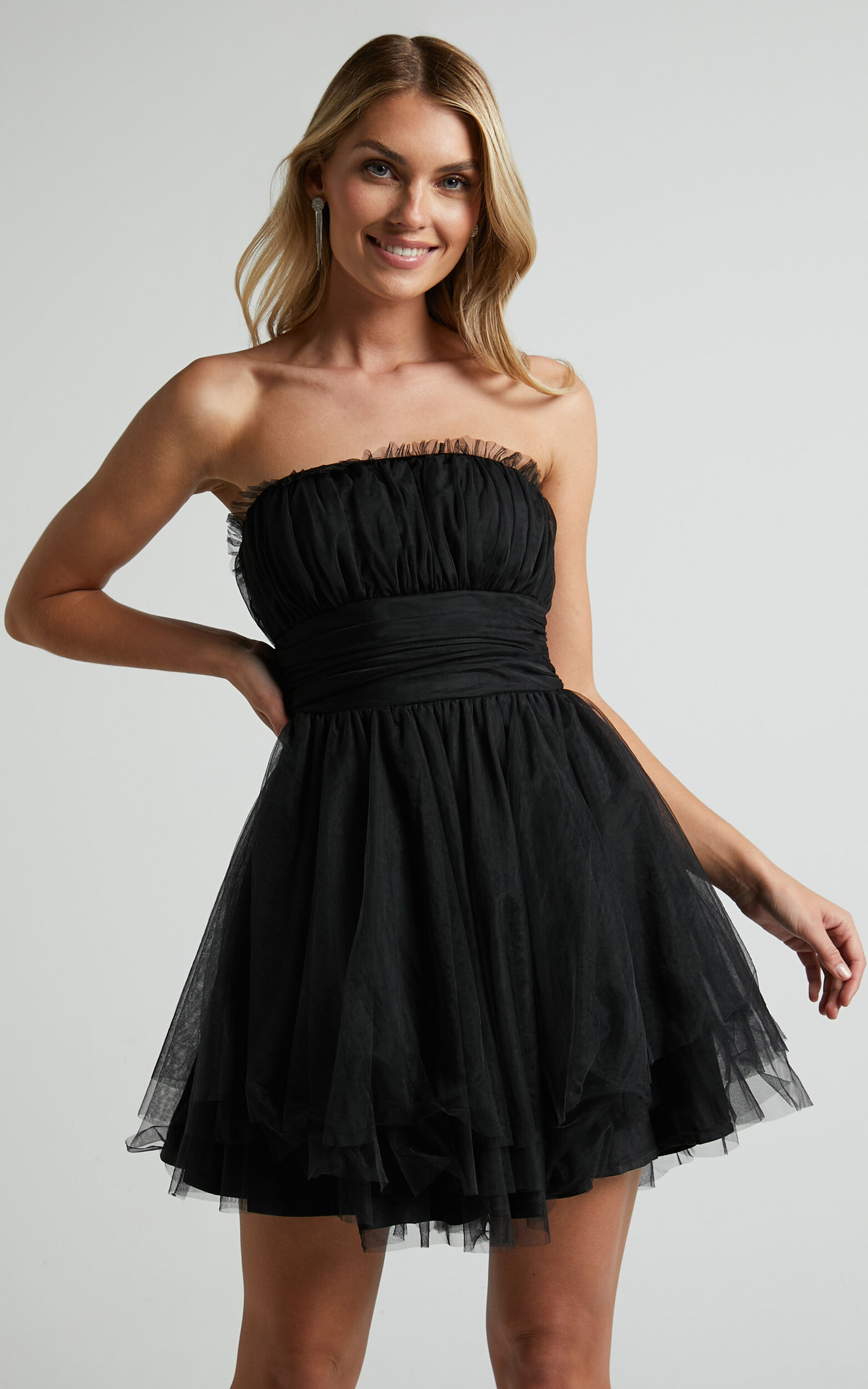Brooke Mini Dress - Tulle Frill Detail Mini Dress in Black - 06, BLK1