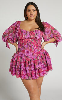 Clabelle Mini Dress - Puff Sleeve Tiered Ruffle Hem Sweetheart Dress in Violette Blur Floral