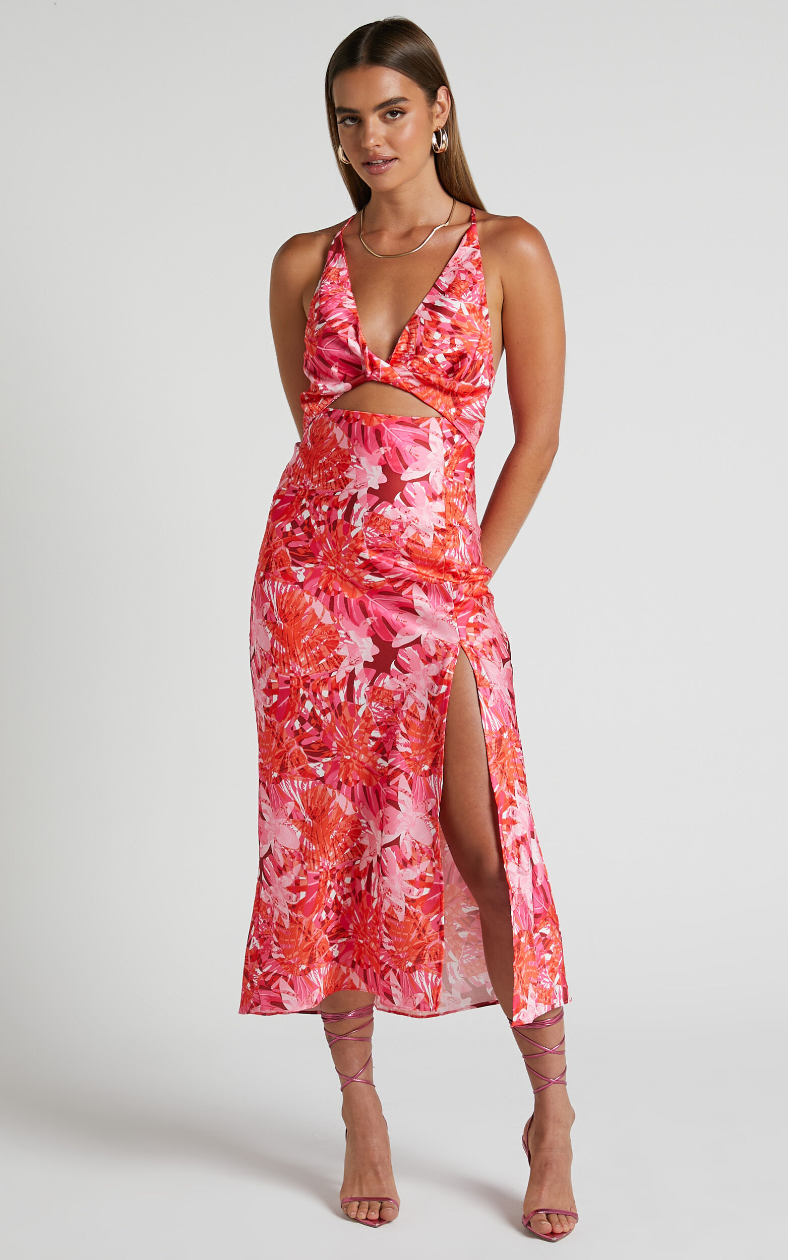 Tove Midi Dress - Twist Front Cut Out Satin Dress in Ice Pink Floral - 06, PNK2, super-hi-res image number null