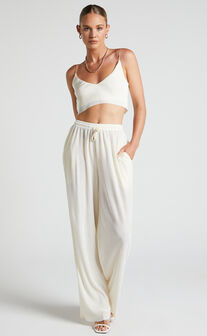 Elowen Two Piece Set - Plisse Crop Top and Relaxed Wide Leg Pants Set in Cream