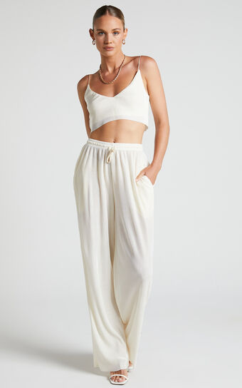 Elowen Two Piece Set - Plisse Crop Top and Relaxed Wide Leg Pants in Cream