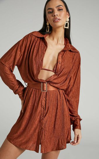 Rosamund Belted Button Up Crinkle Mini Shirt Dress in Clay