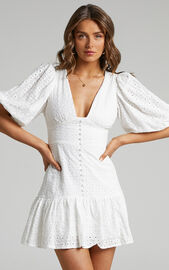 Gladys Embroidered Mini Dress with Puff Sleeves in White | Showpo USA