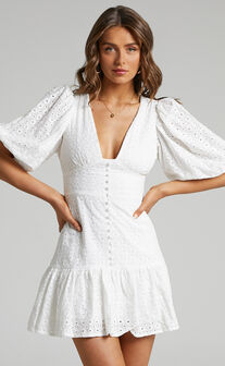 Gladys Embroidered Mini Dress with Puff Sleeves in White
