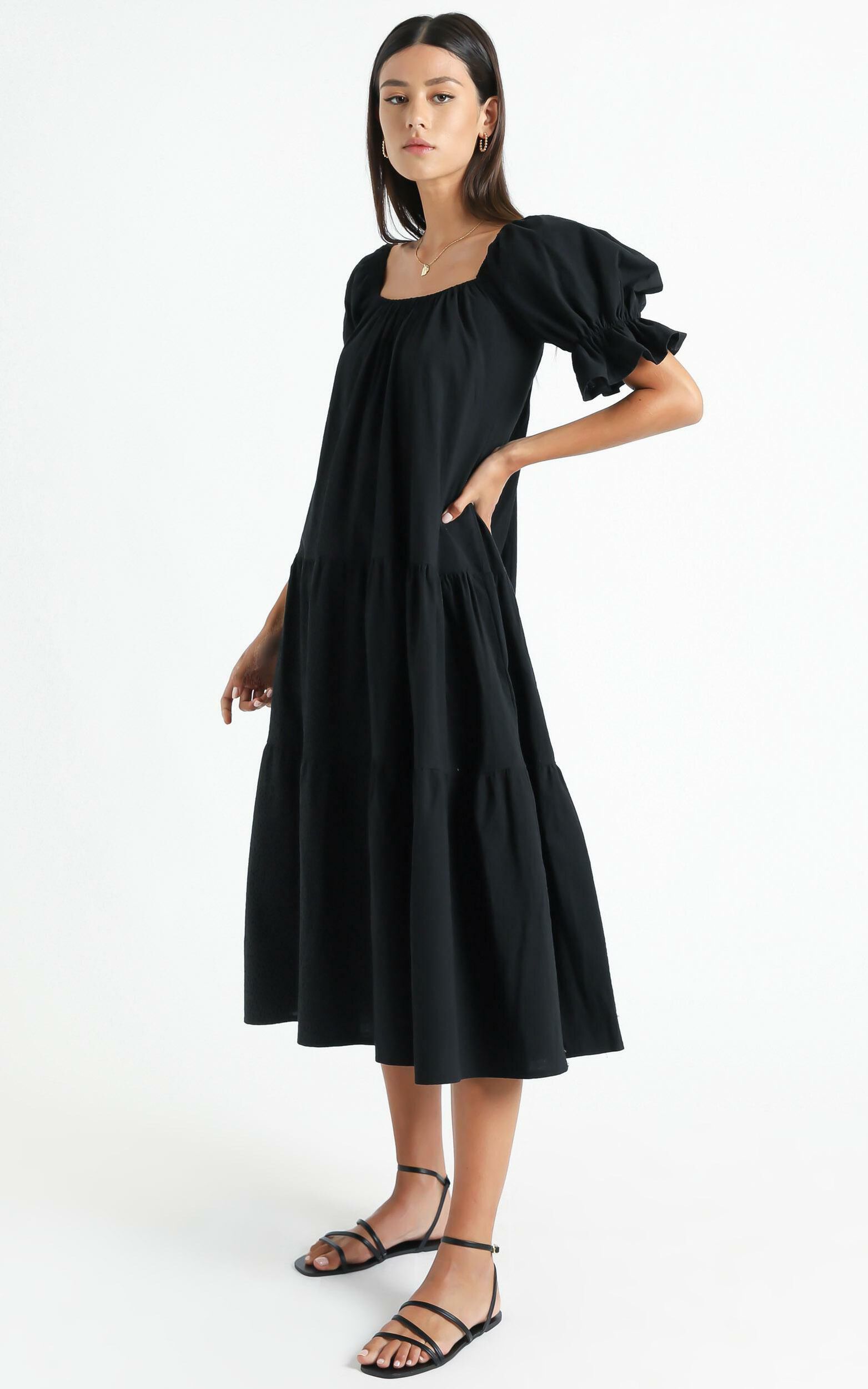 Zaharrah Tiered Midi Dress in Black Linen Look | Showpo