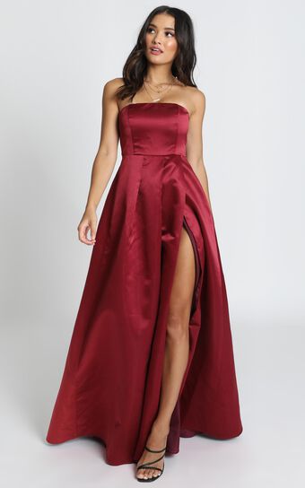 Queen Of The Show Strapless Maxi Dress in Wine Satin