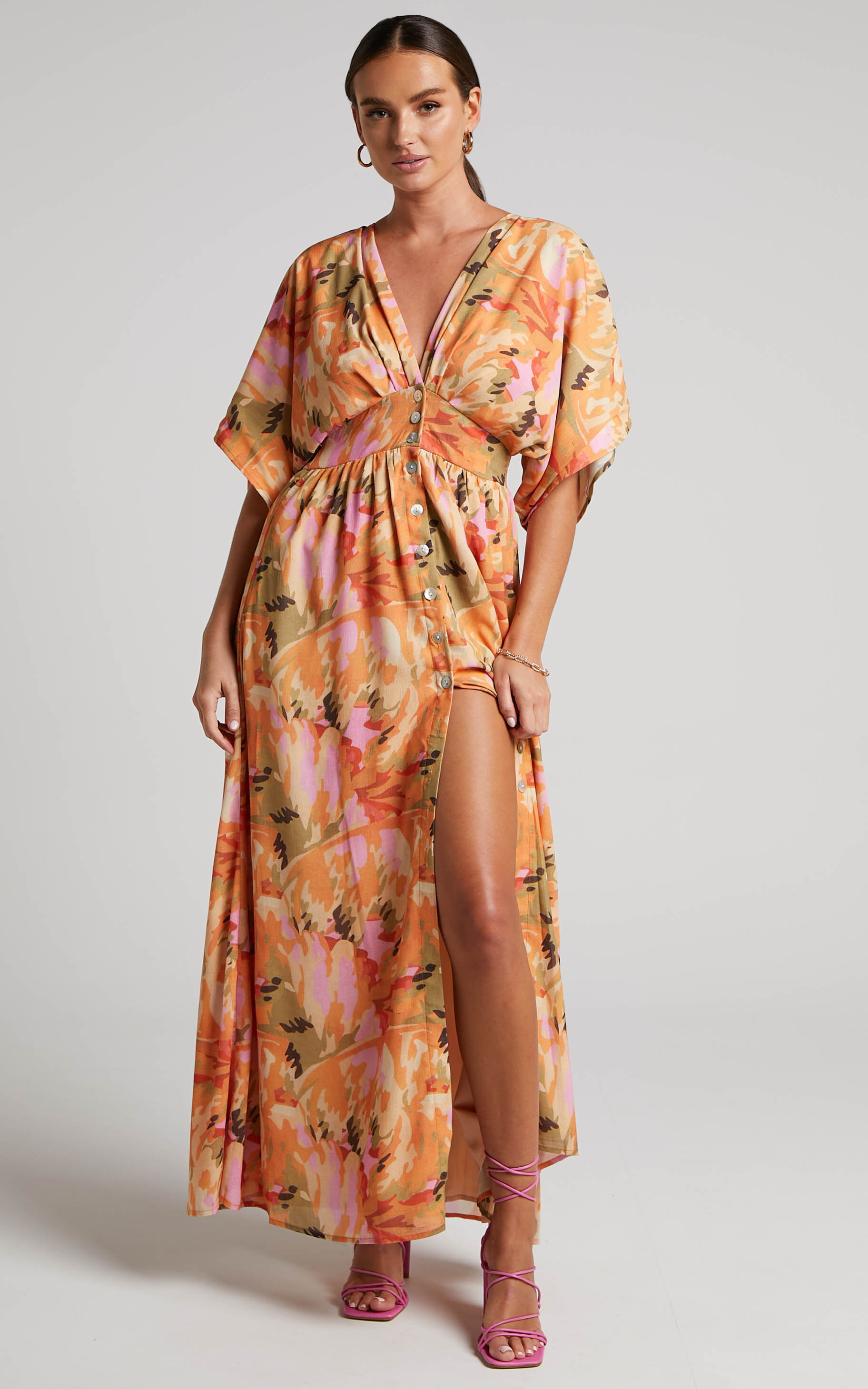 Heira Flutter Sleeve Button Down Maxi Dress in Palm Print - 06, MLT1, super-hi-res image number null