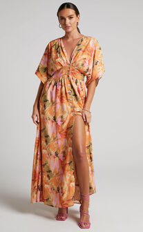 Heira Midaxi Dress - Flutter Sleeve Button Down Dress in Palm Print