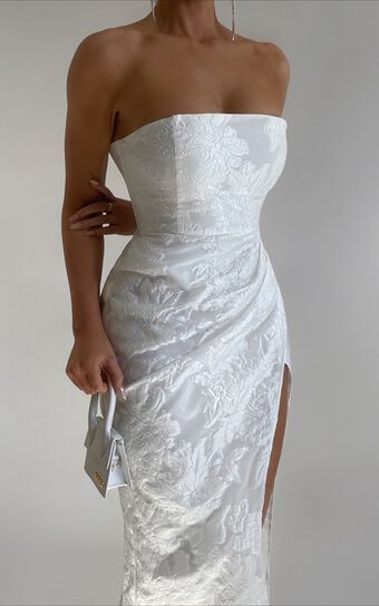 Brailey Midi Dress - Thigh Split Strapless Dress in White Jacquard
