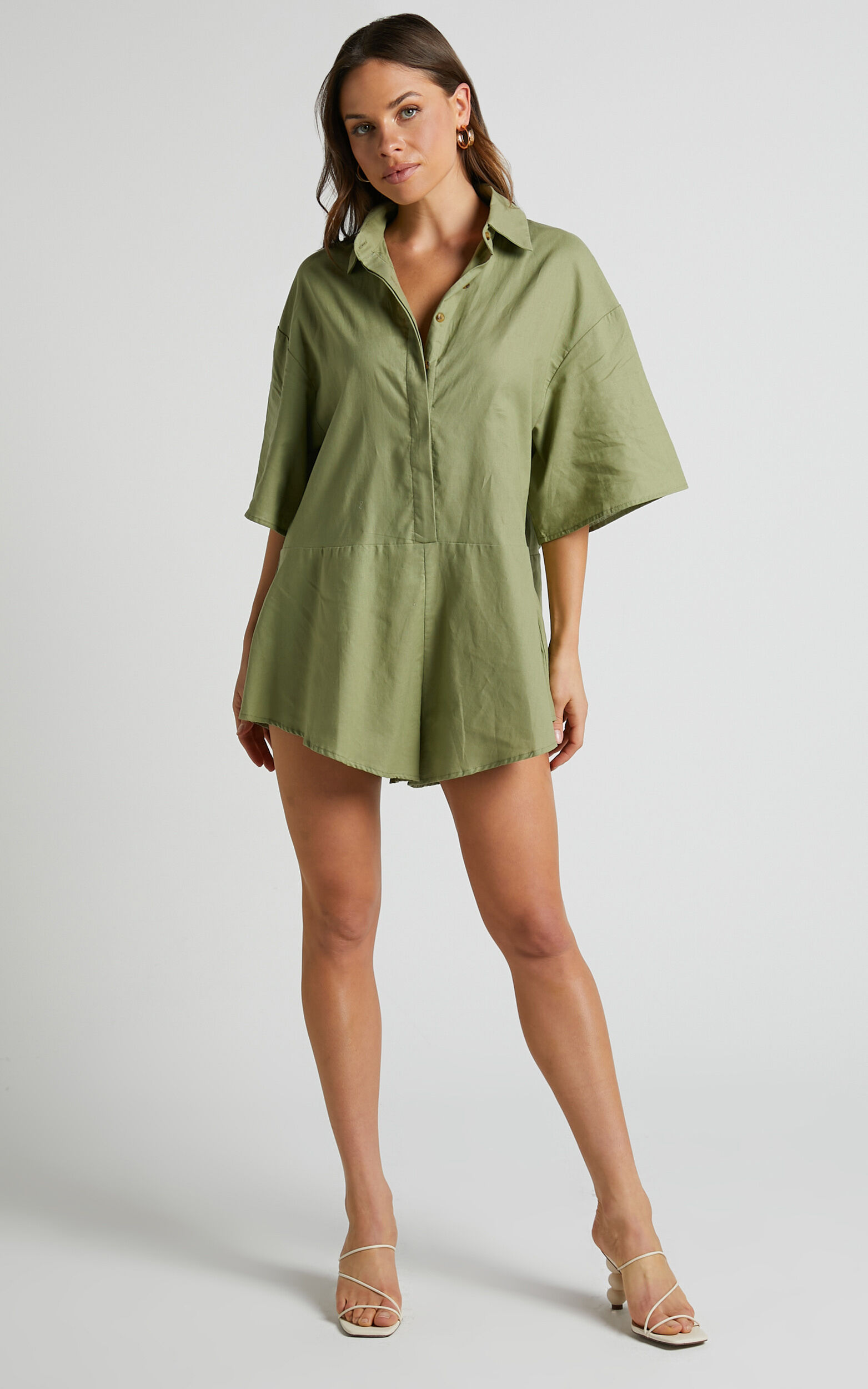 Ankana Playsuit - Short Sleeve Relaxed Button Front Playsuit in Light Olive - 06, GRN1