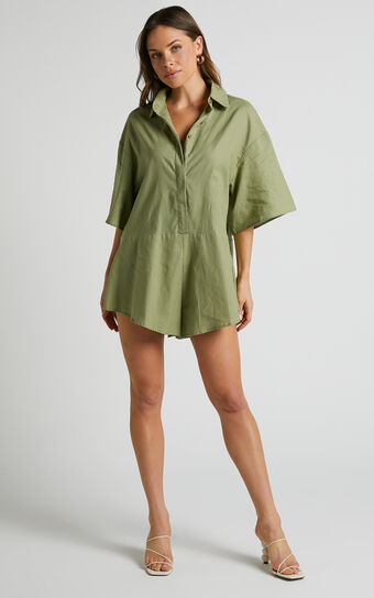 Ankana Playsuit - Short Sleeve Relaxed Button Front Playsuit in Light Olive