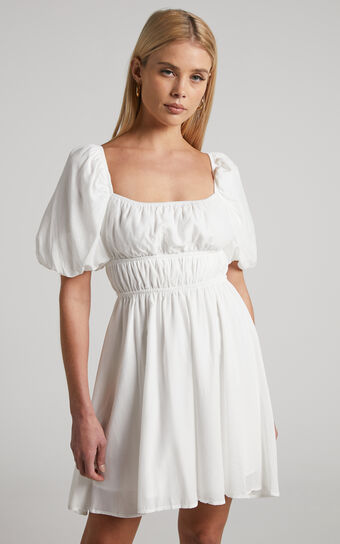 Maretta Stretch Waist Square Neck Mini Dress in White