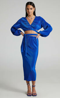 Allina Plisse Long Sleeve Wrap Top and Midi Skirt Two Piece Set in Cobalt