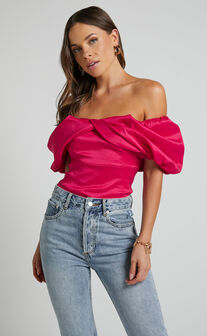 Marie Top - Off Shoulder Short Puff Sleeve in Hot Pink