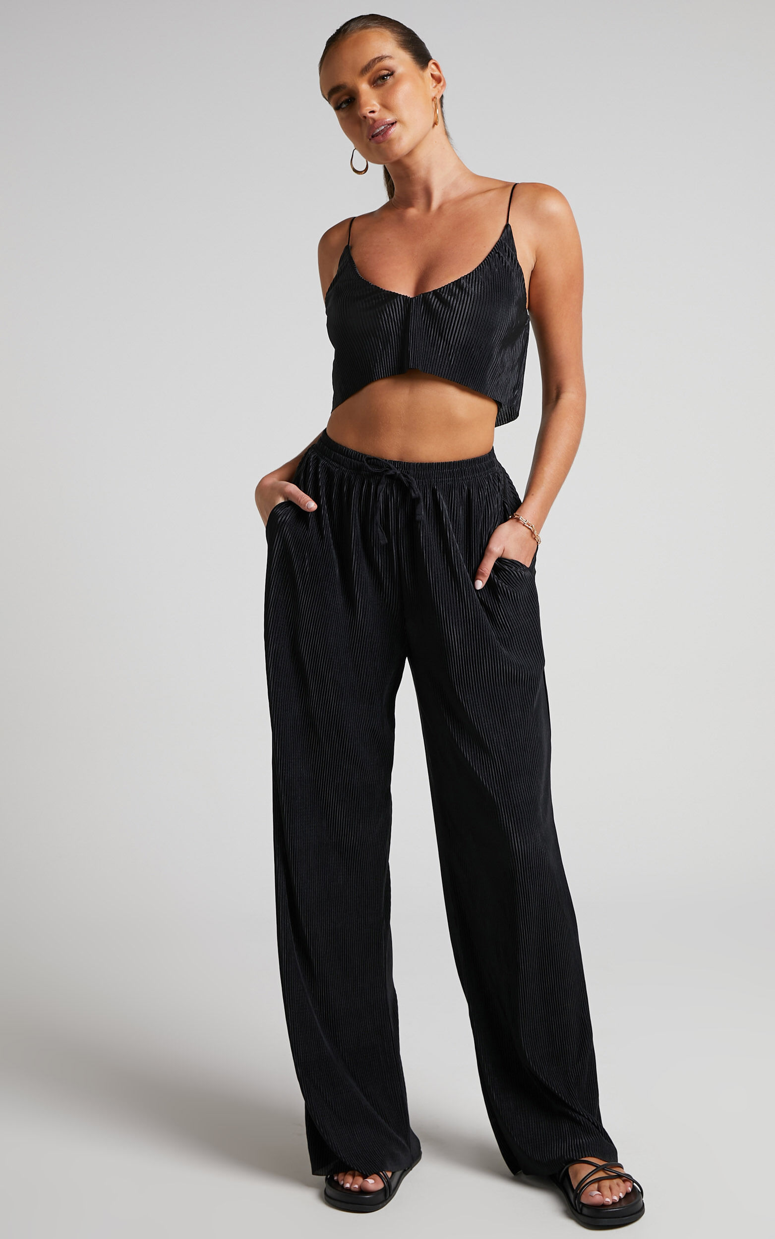 Elowen Two Piece Set - Plisse Crop Top and Relaxed Wide Leg Pants Set in Black - 04, BLK1