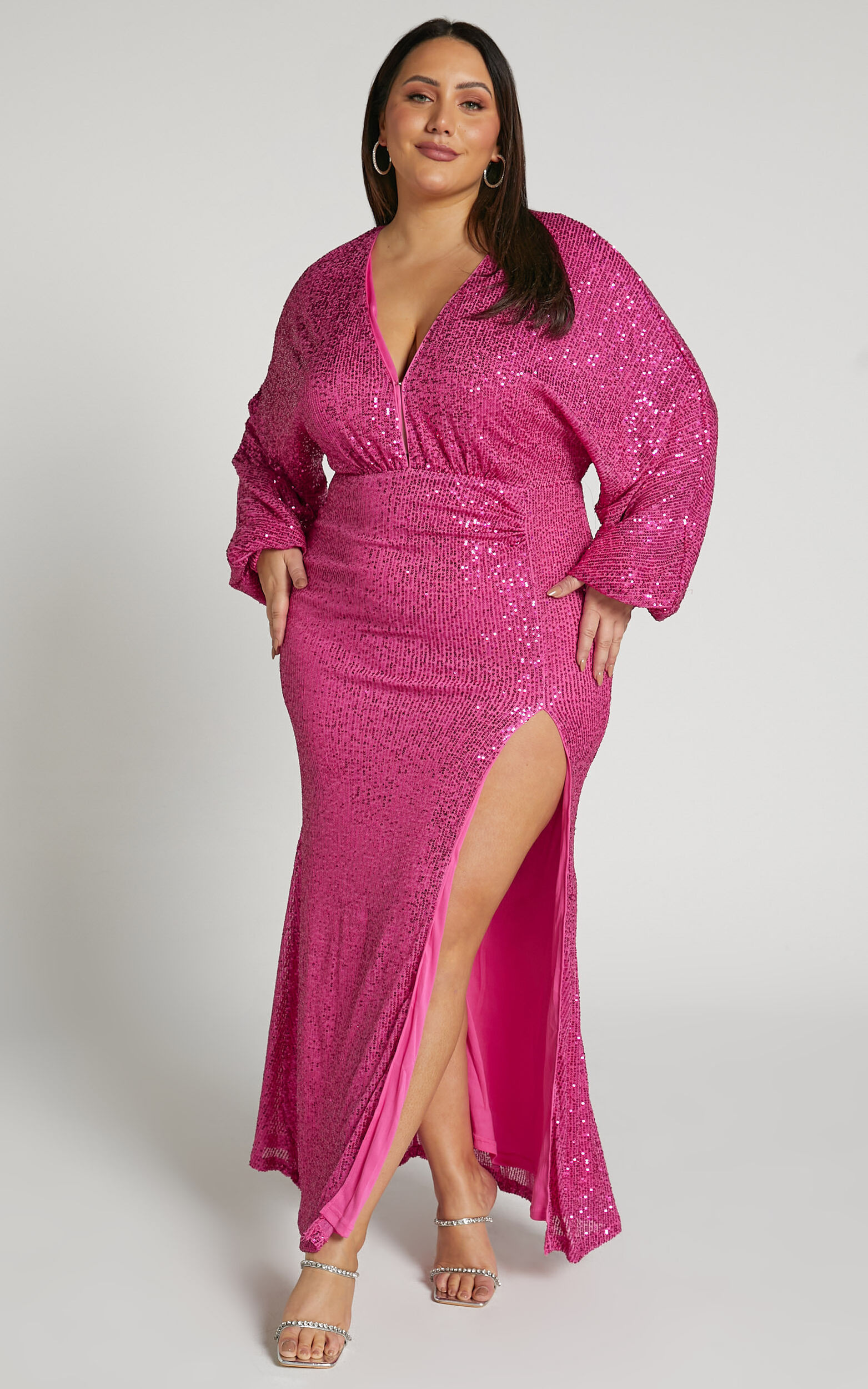Arlington Midi Dress - Sequin Long Sleeve Dress in Hot Pink | Showpo USA