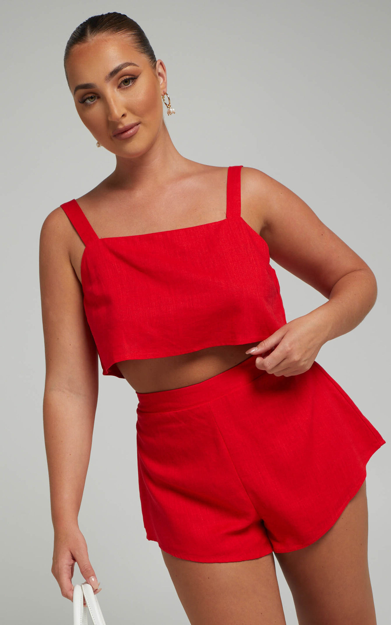 Zanrie Square Neck Crop Top and High Waist Mini Flare Shorts in Red - 04, RED6, super-hi-res image number null