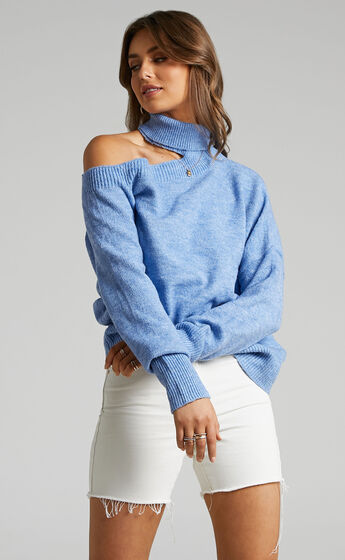Ceila Knit Top with Shoulder Cut Out in Cornflower Blue