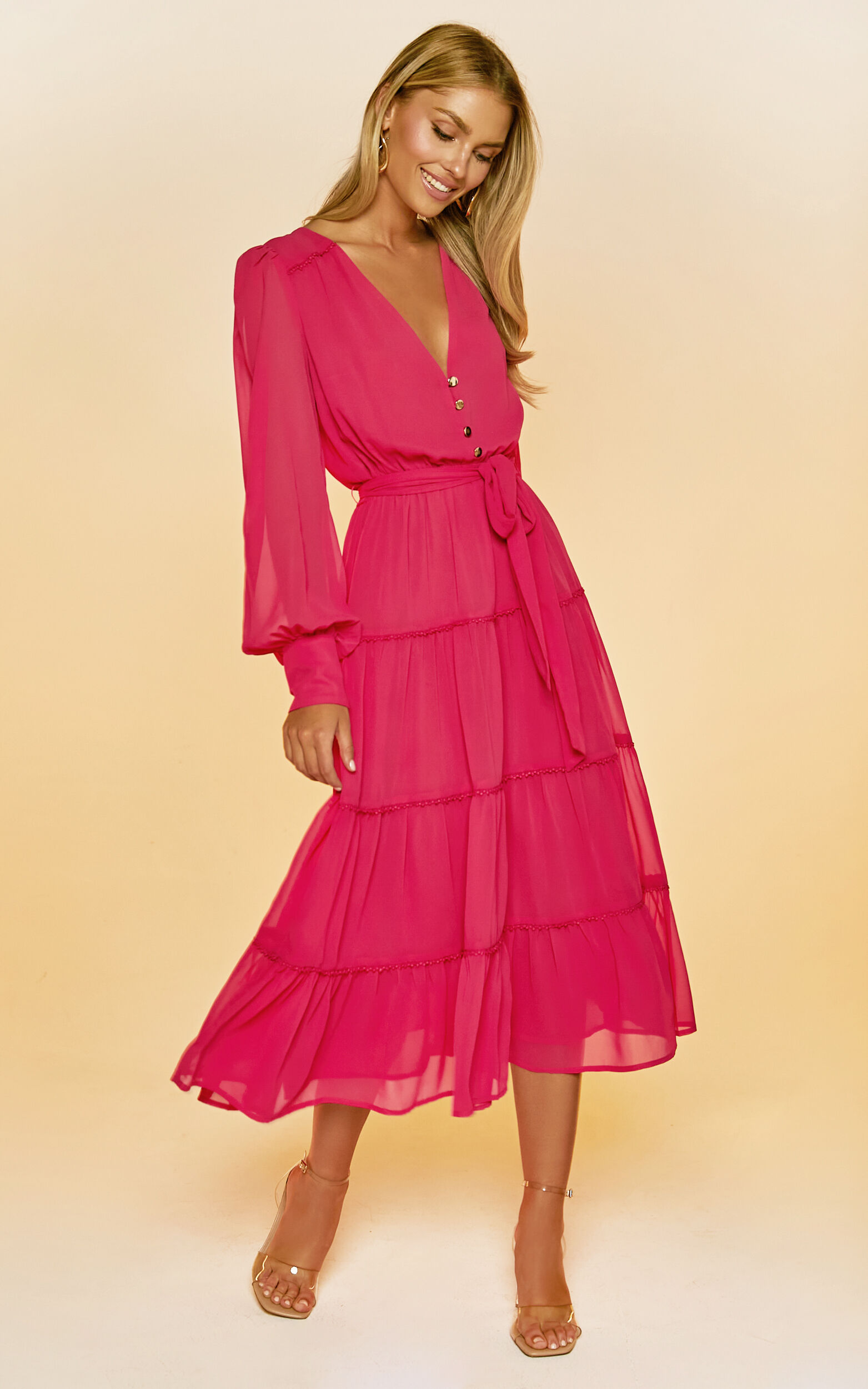 Wilson Midi Dress - Long Sleeve Tiered Dress in Hot Pink - 06, PNK1