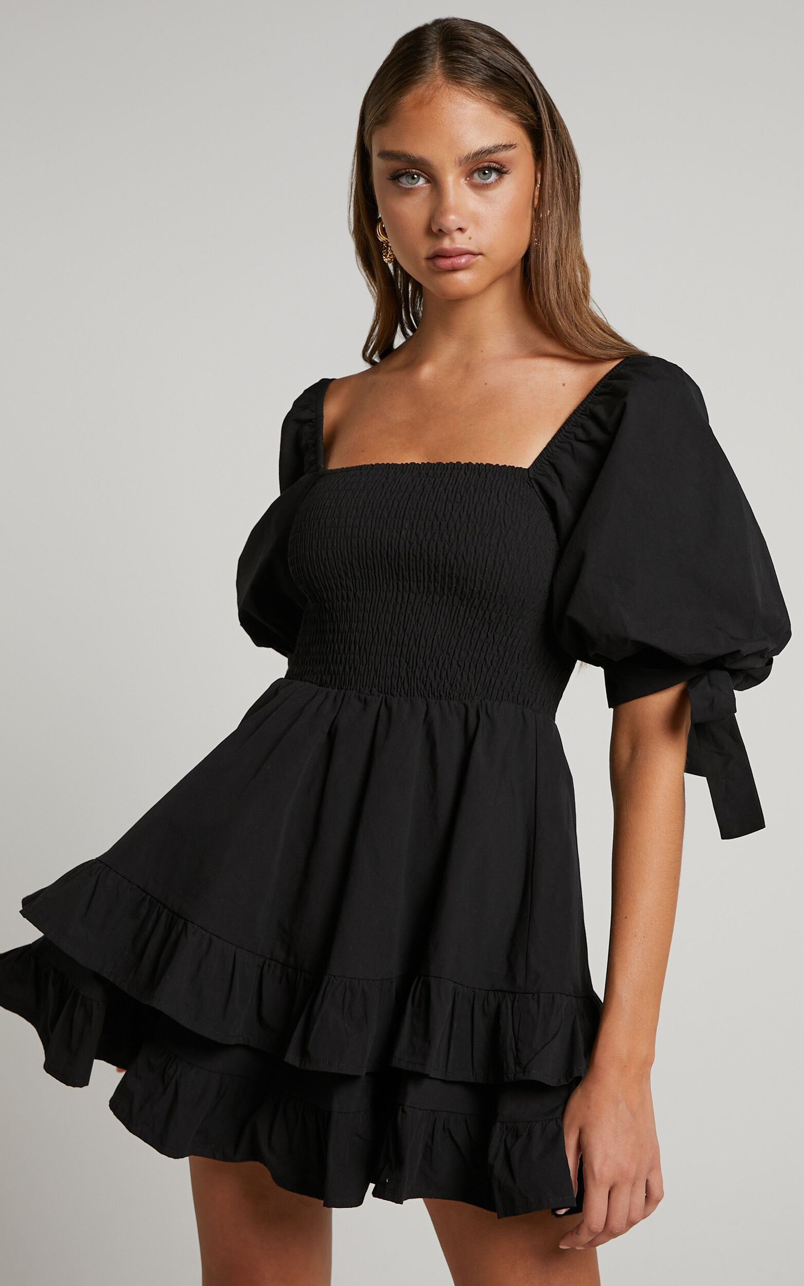Chelle Mini Dress - Shirred Short Tie Sleeve Dress in Black - 04, BLK1