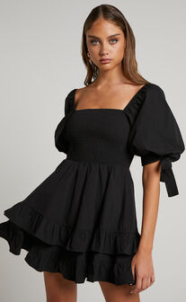 Chelle Mini Dress - Shirred Short Tie Sleeve Dress in Black