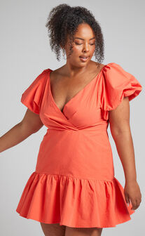 Brighton Puff Sleeve Ruffle Mini Dress in Orange