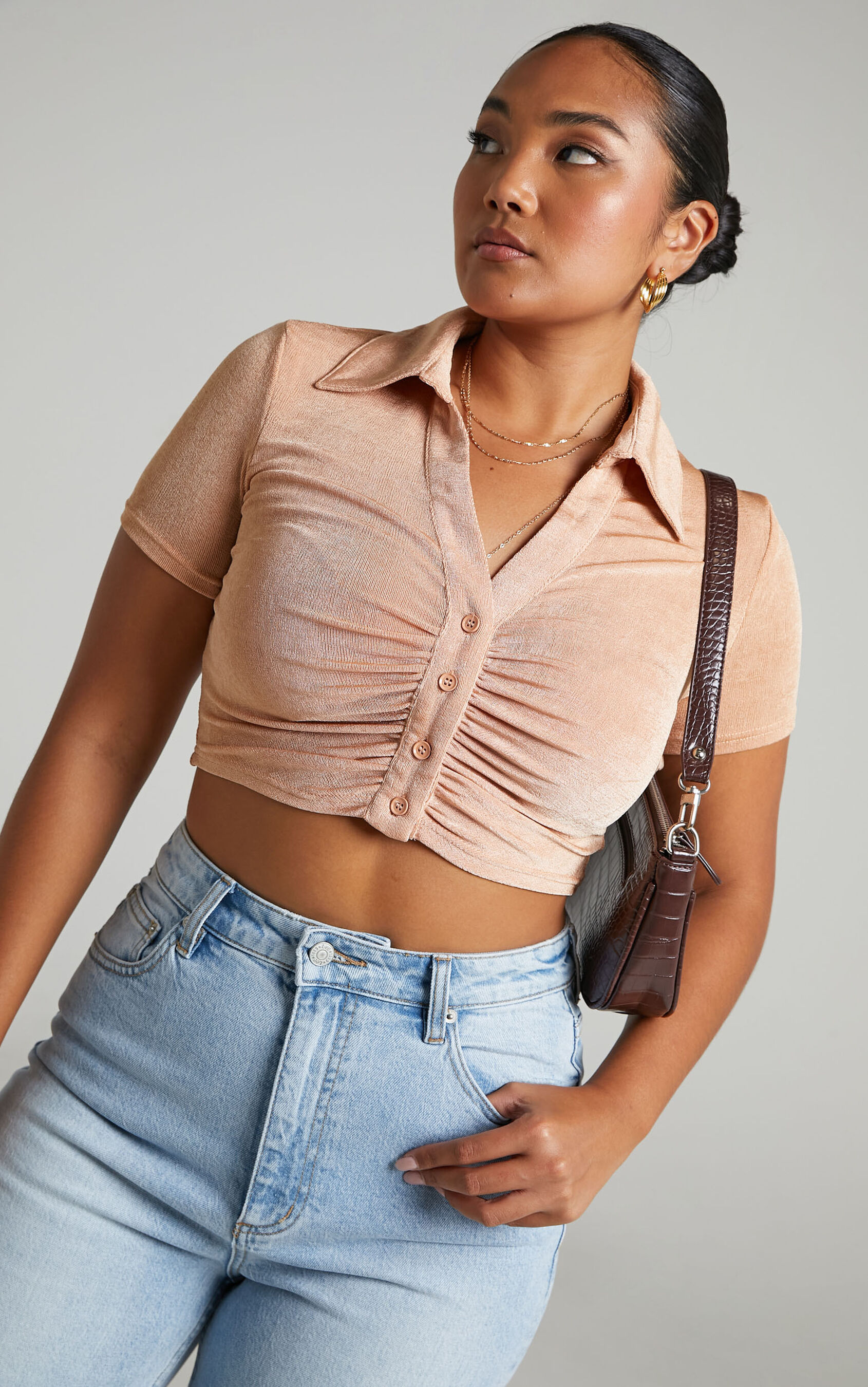 dolly-button-up-short-sleeve-crop-top-in-slinky-in-sand