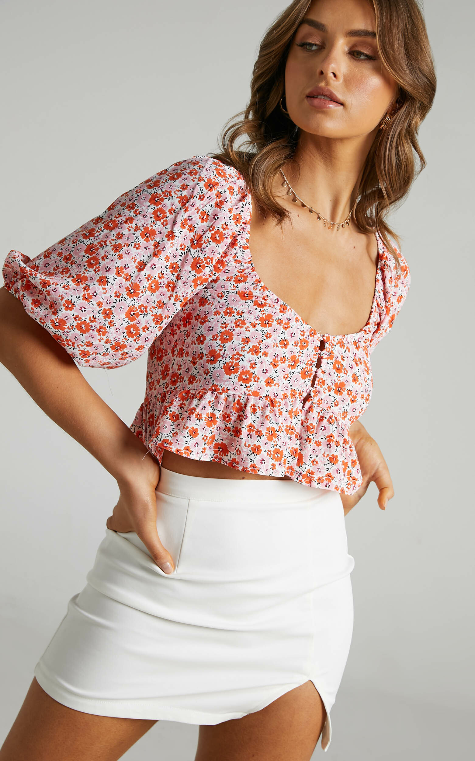 Daisee Button Up Short sleeve peplum Blouse in Pink Floral - 06, PNK1, hi-res image number null