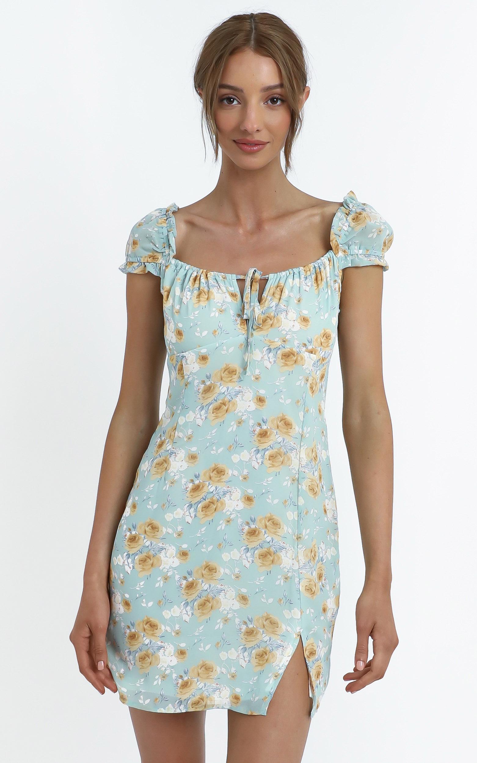 Chadwick Dress in Teal Floral - 14 (XL), Blue, hi-res image number null