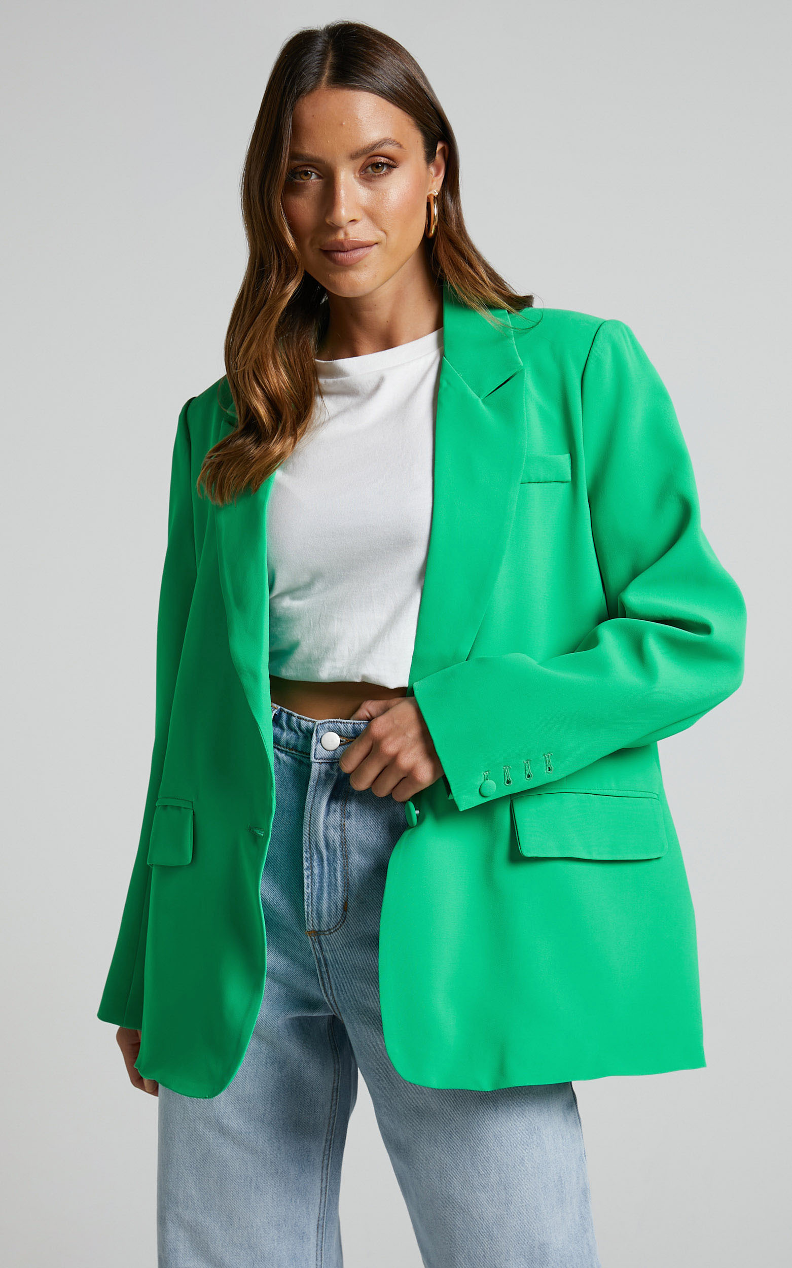 Michelle Blazer - Oversized Plunge Neck Button Up Blazer in Green | Showpo