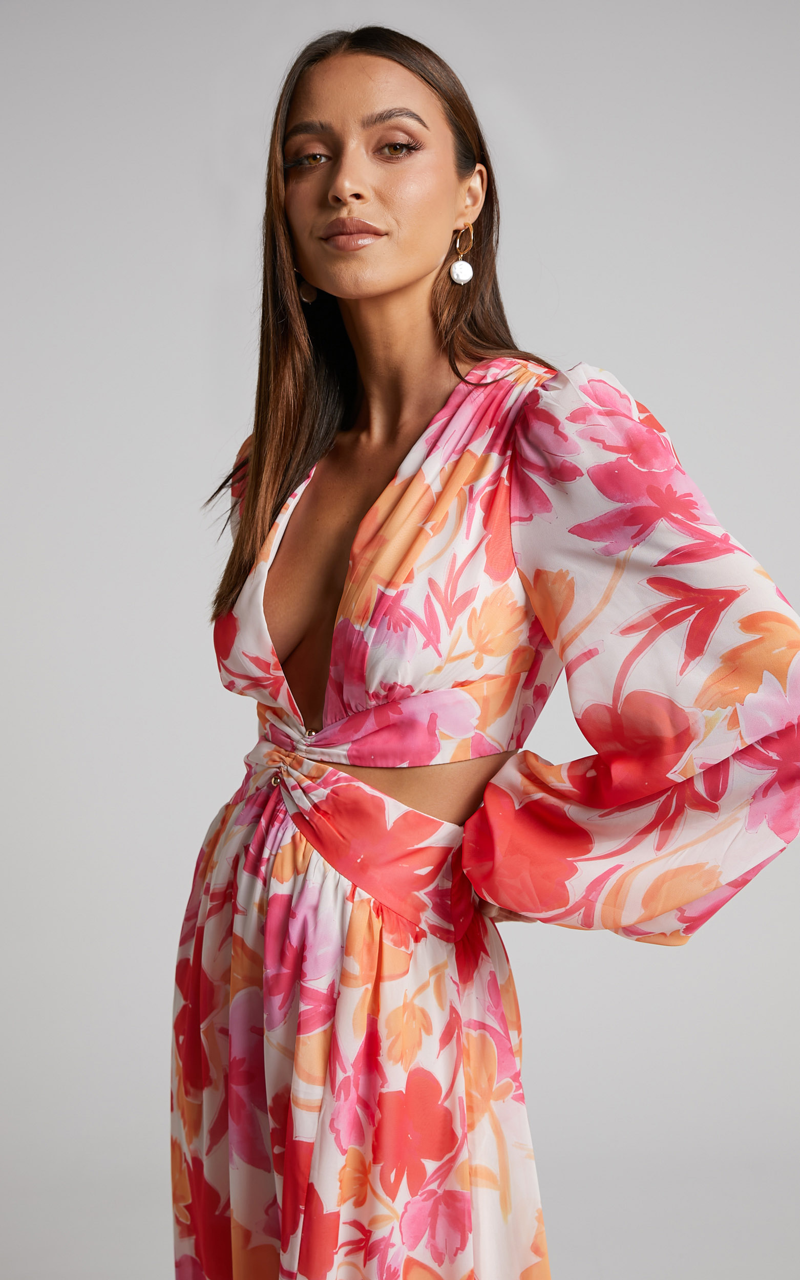 Emilee Maxi Dress -  Side Cut Out Long Sleeve Plunge Dress in Pink Floral - 06, PNK1, hi-res image number null