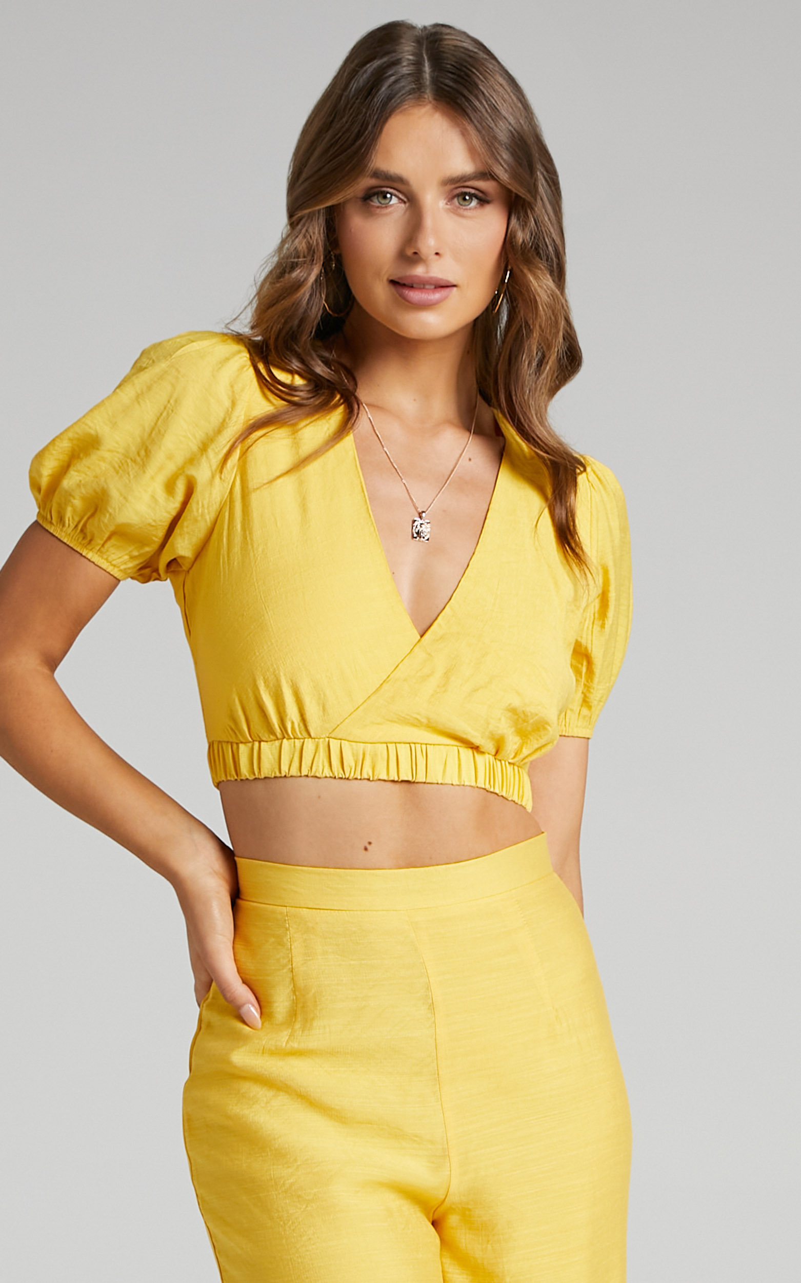 Aurora Cut Out Back Puff Sleeve Crop Top in Sunflower Yellow - 06, YEL2, hi-res image number null