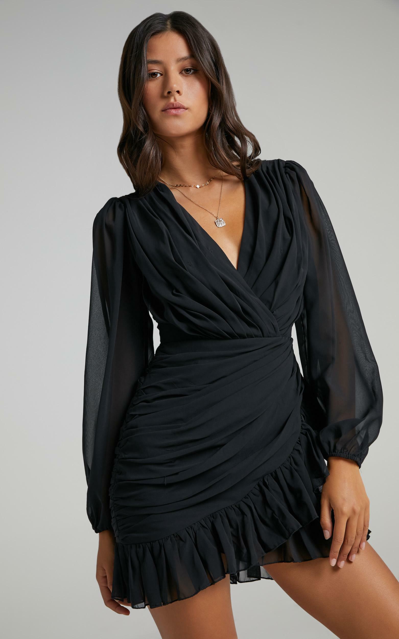 Can I Be Your Honey Plunge Balloon Sleeve Mini Dress in Black - 14, BLK1, hi-res image number null