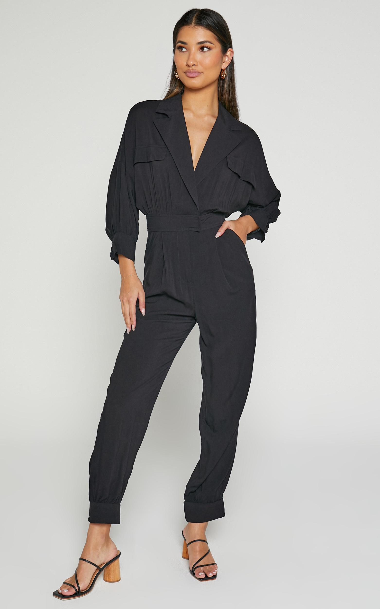 Ayelin Jumpsuit - Relaxed 3/4 Sleeve Jumpsuit in Black - 06, BLK1, hi-res image number null