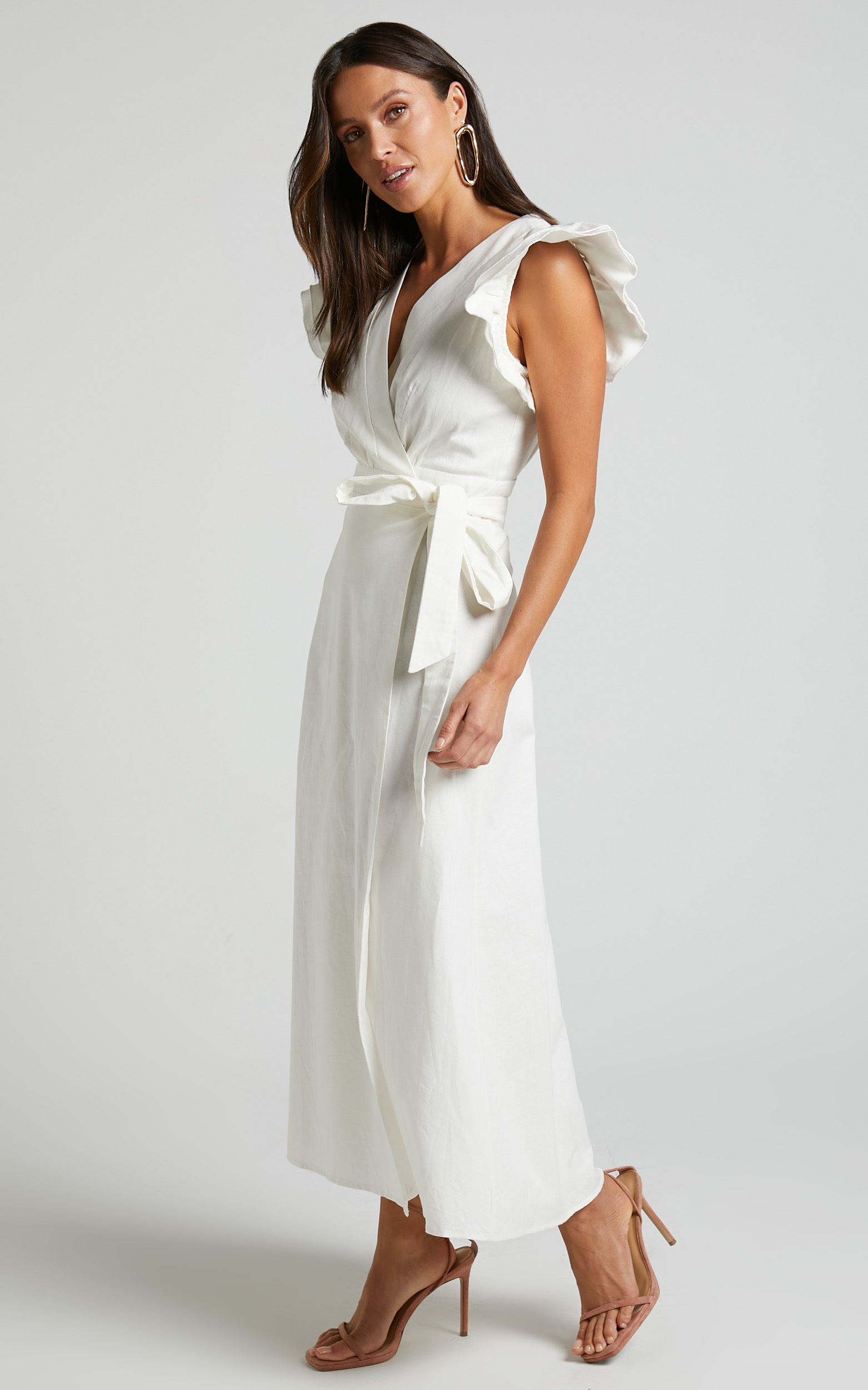 Amalie The label - Palmer frill sleeve wrap dress in White | Showpo USA