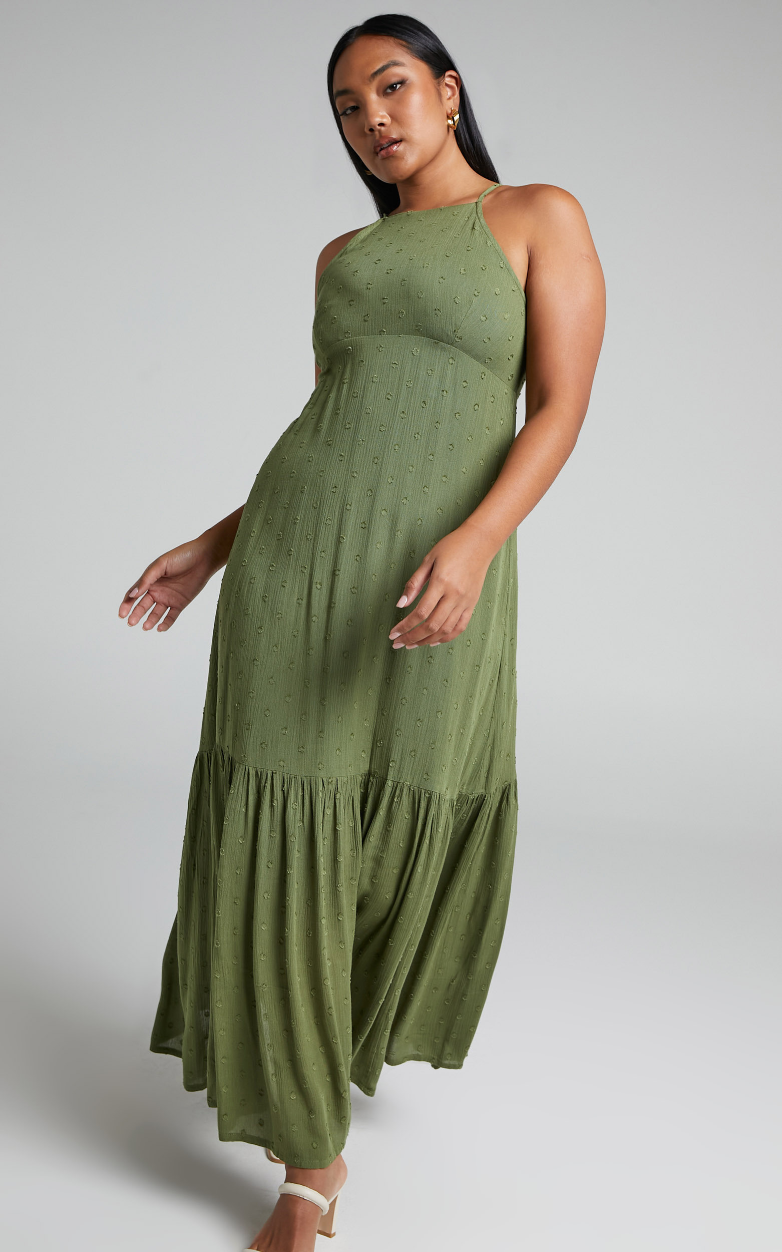 Cariele Strappy Tiered Dotted Maxi Dress in Olive - 06, GRN1, hi-res image number null