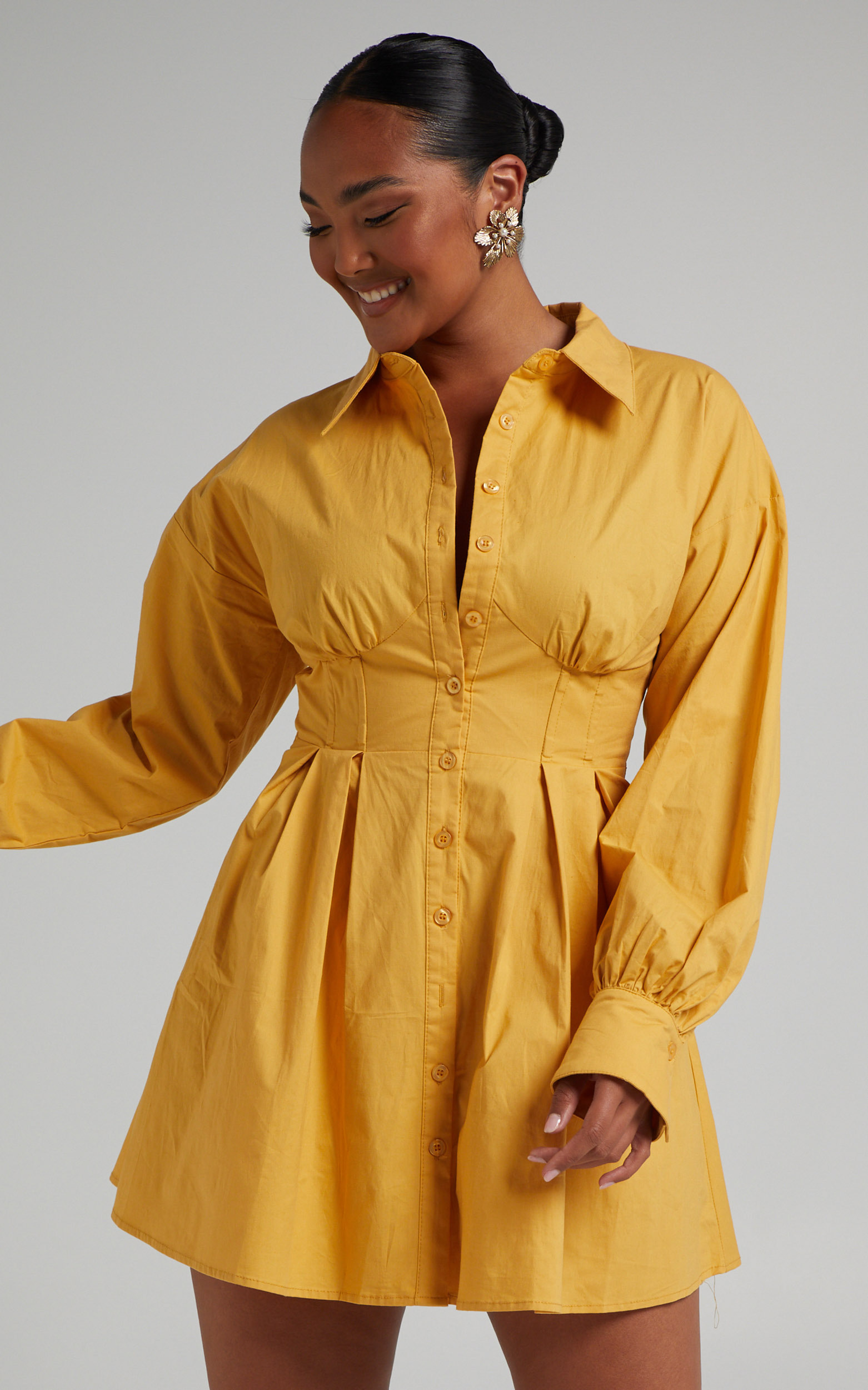 Claudette Mini Dress - Long Sleeve Corset Shirt Dress in Mustard - 06, YEL1, hi-res image number null