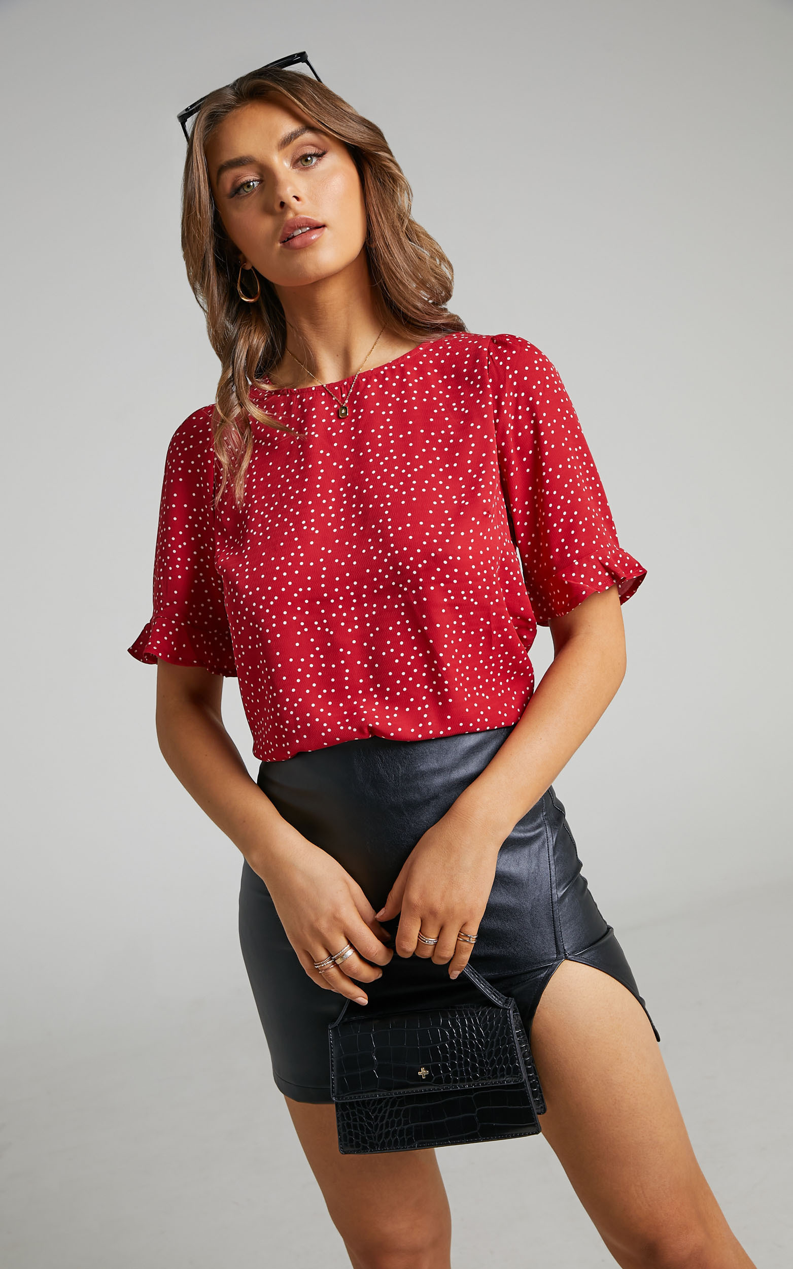 Eleanor Top - Short Sleeve Top in Red Spot - 06, RED2, hi-res image number null